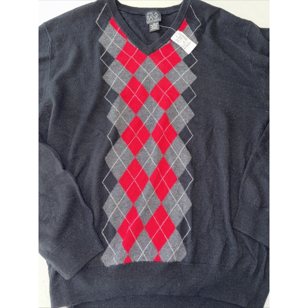 Jos A Bank Sweater Mens XL Black Argyle Lamb Wool Blend Pullover Academia Preppy